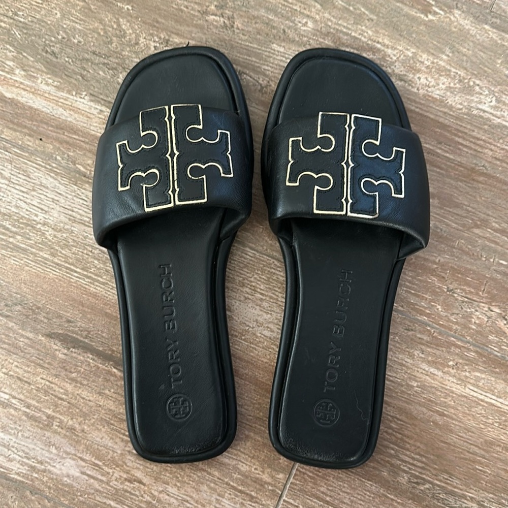Tory Burch Black Sandals with Gold Accents